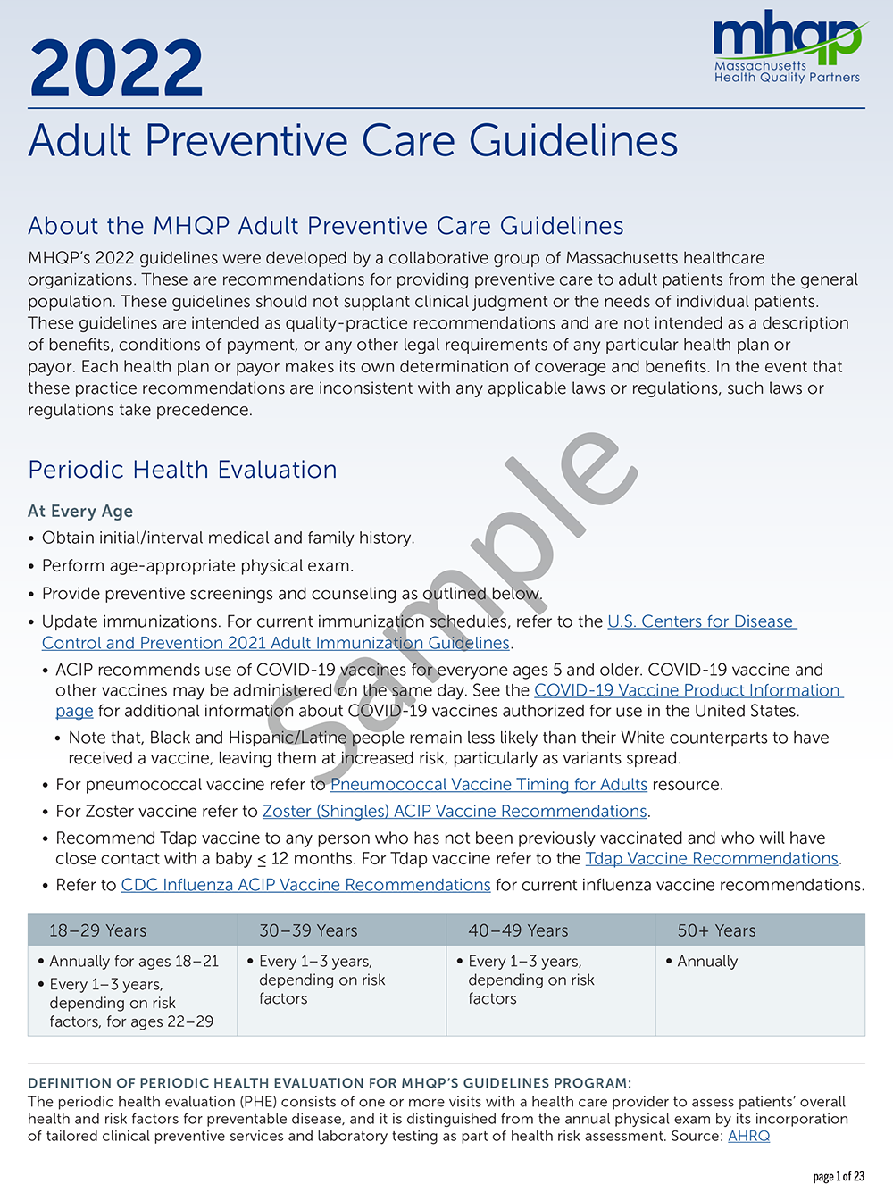 Adult Preventive Care Guidelines MHQP Collaborative Patient Engagement