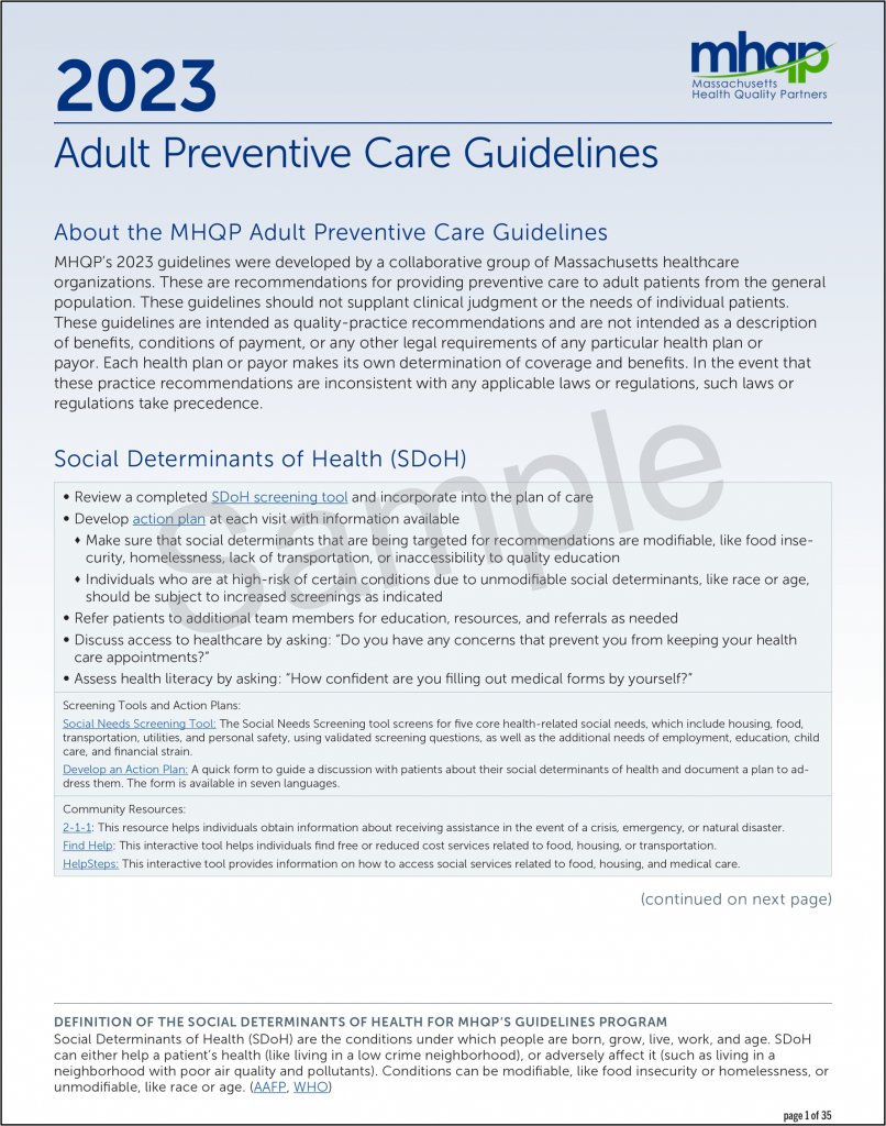 Adult Preventive Care Guidelines MHQP Collaborative Patient Engagement